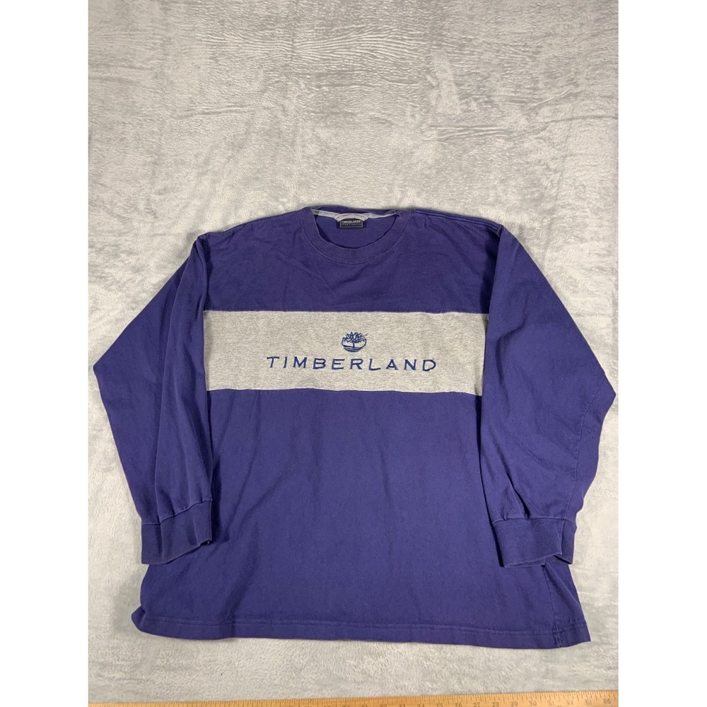 VTG Timberland T-Shirt Mens L Purple Colorblock Long Sleeve Cotton U.S.A.